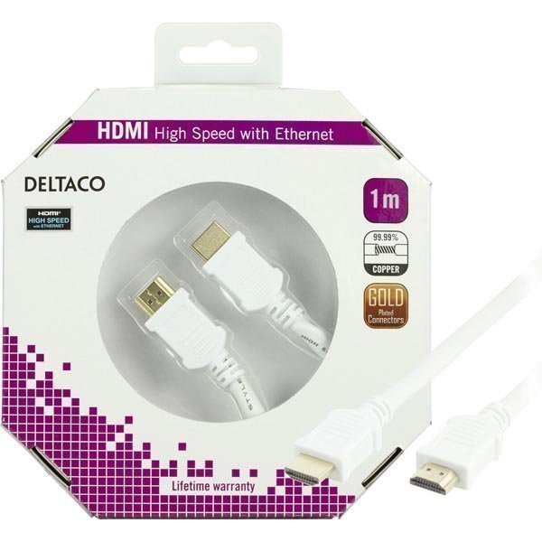 DELTACO HDMI-kaapel v1.4+Ethernet 19-pin ur-ur 1080p valkoinen 1m